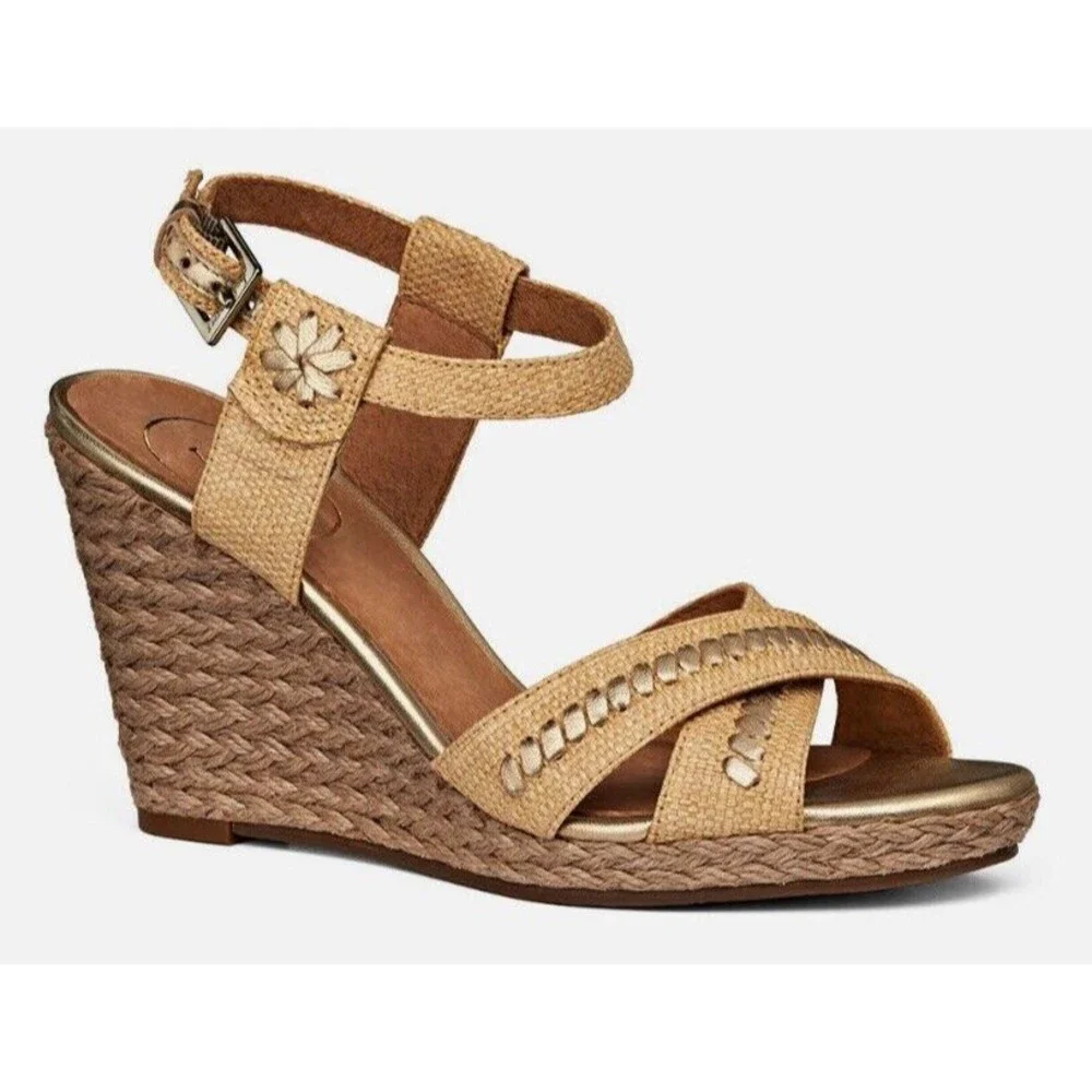 Jack Rogers Size 10M ABBEY Natural Raffia Gold Wedge Sandals Womens Shoes‎